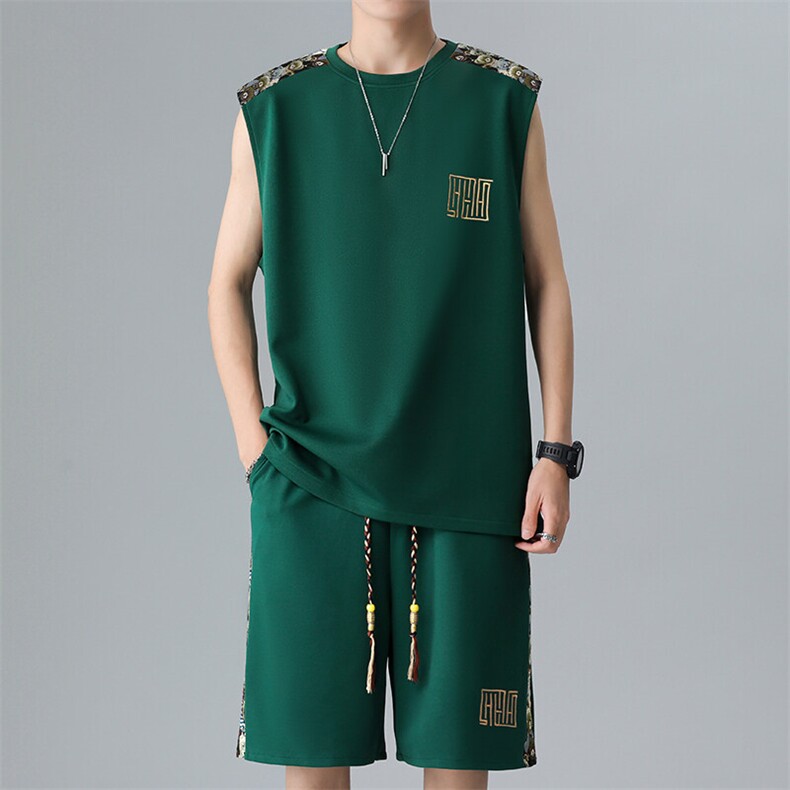 刺绣夏季休闲运动套装男背心短裤两件套拼接小熊A266-TZ2207-P43图片
