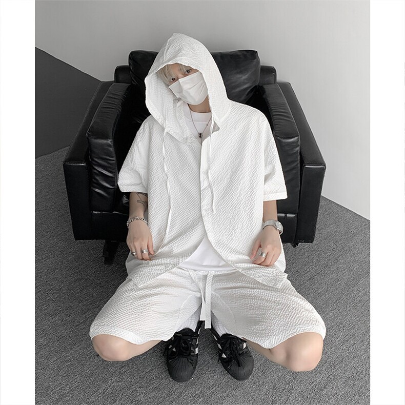 TZ793-特55  控98 新款速干肌理感连帽男短袖衬衫六分裤大码套装图片
