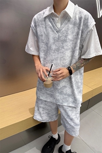 扎染套装西装领休闲春夏套装短袖短裤潮流休闲套装扎染面料 特P65图片