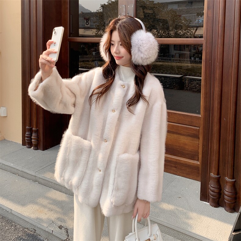 米白色秋冬皮毛一体外套女仿水貂绒休闲上衣2C353--720#P190K288,女装短外套,2C353