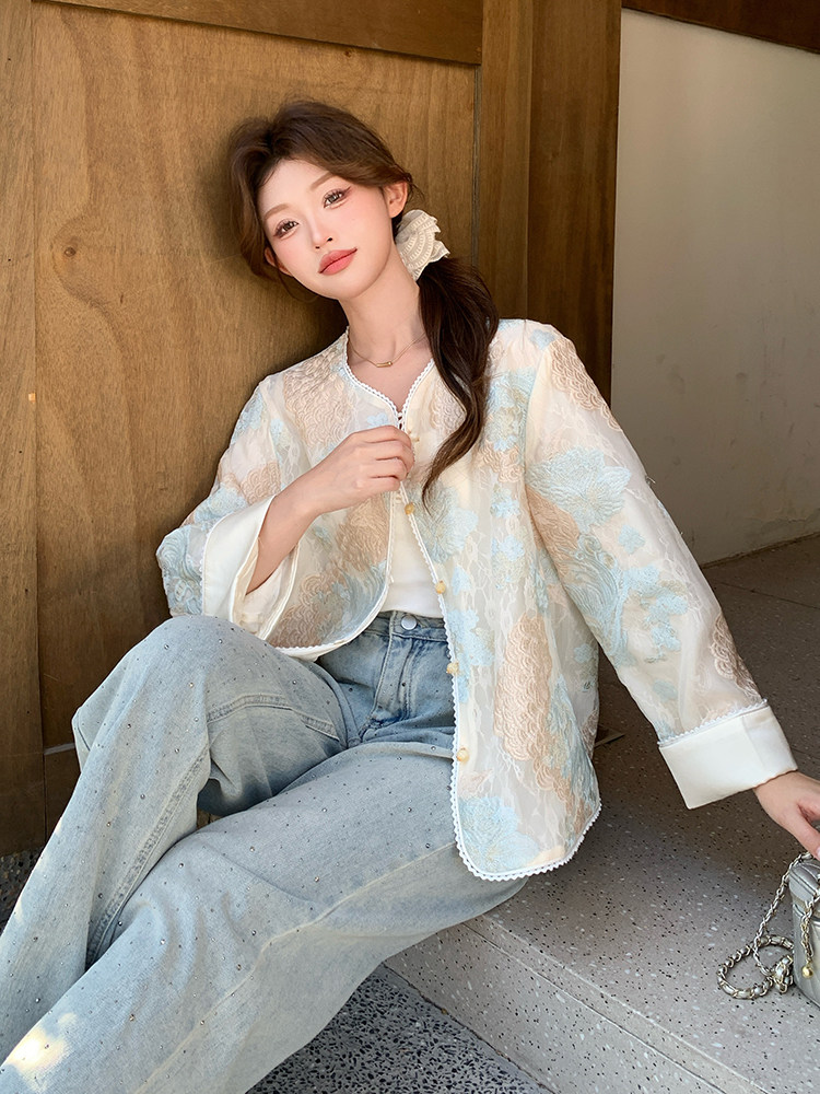 新款上新2025蓝色立体花朵刺绣防晒外套女85076-208A-P170-K255,女装短外套,浙宝208A