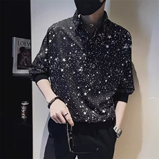 短袖衬衫男夏季满天星印花七分袖衬衣ins潮牌男士痞帅休闲上衣服，男装衬衫，星座1013