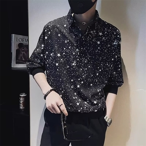 短袖衬衫男夏季满天星印花七分袖衬衣ins潮牌男士痞帅休闲上衣服图片