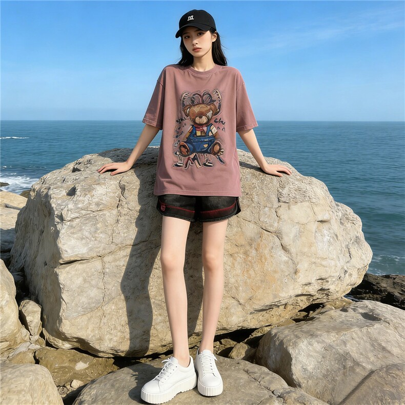 欧货休闲时尚运动套装女夏新款圆领短袖小熊上衣宽松短裤两件套潮，女装套装/套裙，江南