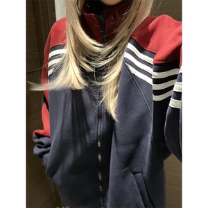 抖音得物高品质26春装美式高街重磅织带拼接撞色立领卫衣外套CM41图片