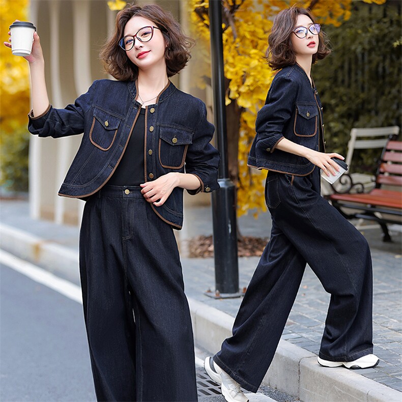 2025春季时髦休闲气质显瘦撞色包边单排扣牛仔套裤时尚套装两件套，女装套装/套裙，歌伊格美