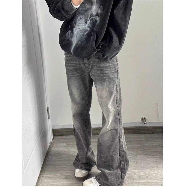 直脚中腰夏季纽扣青少年新款水洗黑灰色微喇牛仔裤男春秋季潮潮流,男装牛仔裤,星座506A