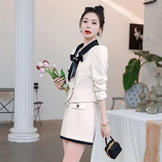 2023新款秋装小香风套装法式复古风半身裙撞色蝴蝶结上衣两件套，女装套装/套裙，卡杰菲