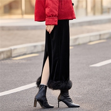 2026年冬季新款H型高腰高档金丝绒加厚半身裙鸵鸟毛下摆百搭女士，女装半身裙，韩宇舍