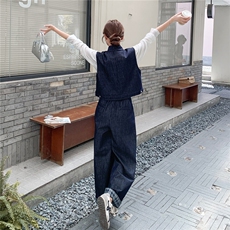 秋季牛仔阔腿裤马甲时尚两件套女，女装套装/套裙，秋水欣儿