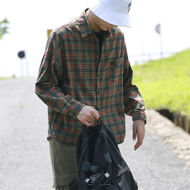 204-CS06自制长袖衬衫男短薄款ins潮牌休闲宽松格子衬衣男,男装衬衫,星座204