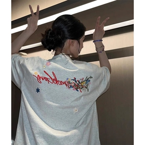 万针全刺绣工艺抖音得物高品质260克重磅纯棉双纱美式高街短袖T恤图片