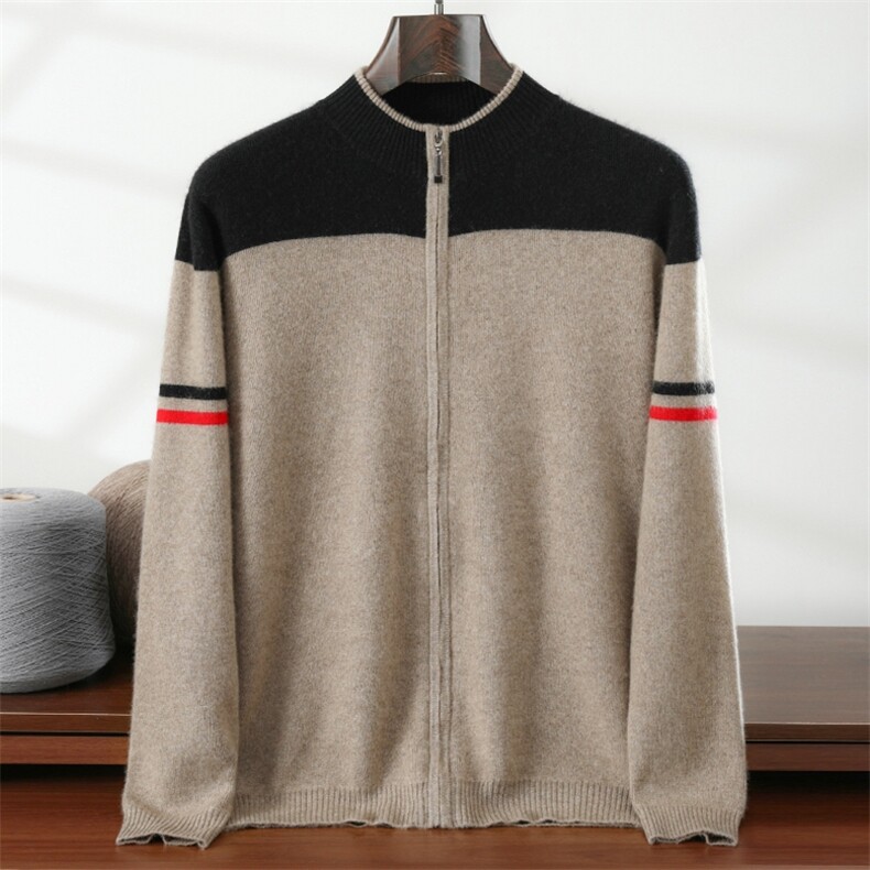秋冬新款针织立领拉链开衫时尚百搭，男装针织衫/毛衣，隆格羊绒