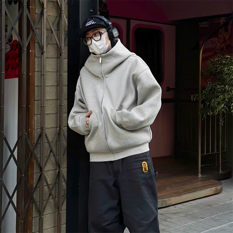 抖音得物高品质25秋冬美式高街宽松结构防风高领连帽卫衣外套W60，男装卫衣，电商A486-1