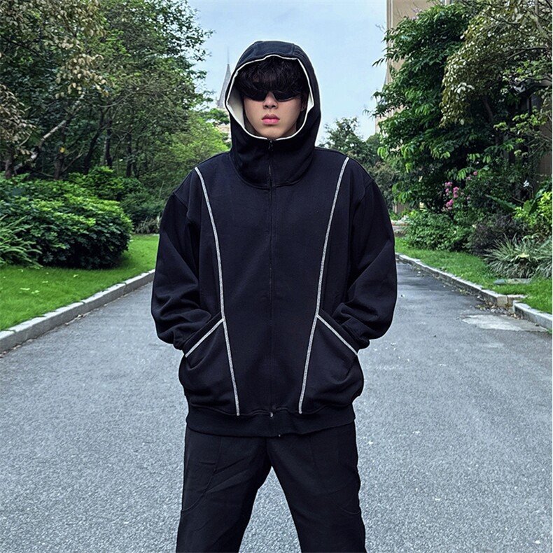 抖音得物高品质秋冬美式高街重磅结构辑明线纹理连帽卫衣外套W111,女装短外套,电商A486-1