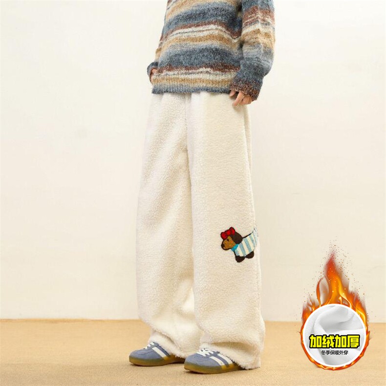 冬季美式刺绣羊羔毛棉裤男女情侣加绒加厚保暖宽松休闲阔腿长裤子，男装棉衣，电商A486-1