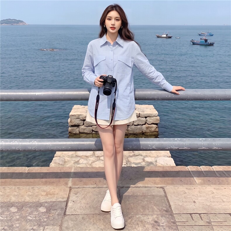 女款春秋新款设计感纯色翻领百搭单排扣宽松时尚简约小个子衬衣潮,女装衬衫,江南