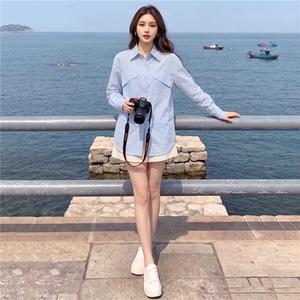 女款春秋新款设计感纯色翻领百搭单排扣宽松时尚简约小个子衬衣潮图片