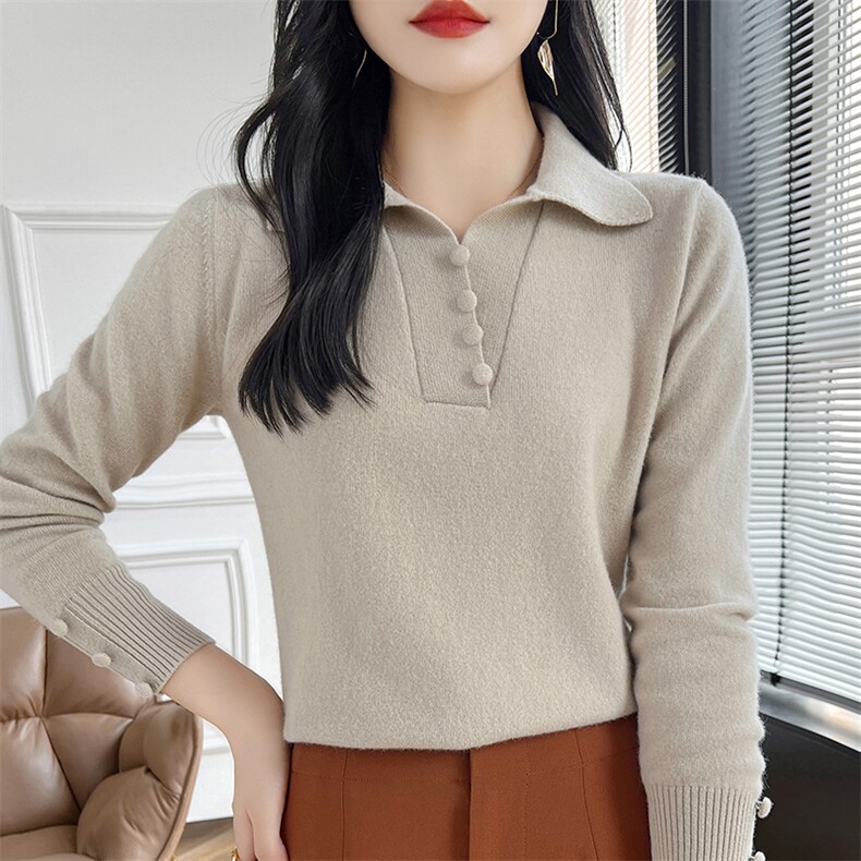 24秋冬季厚款羊毛衫女翻领设计保暖毛衣打底衫宽松慵懒,女装羊毛衫,哲奥羊绒