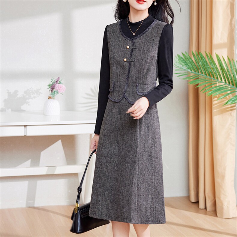 现货-新品】春装连衣裙2024年高端显瘦洋气美拉德中长款女士裙子,女装连衣裙,仁梯