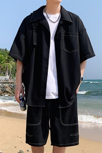 特批P55无差价夏冰丝凉感短袖衬衫短裤男士垂感时尚潮流套装TZ092图片