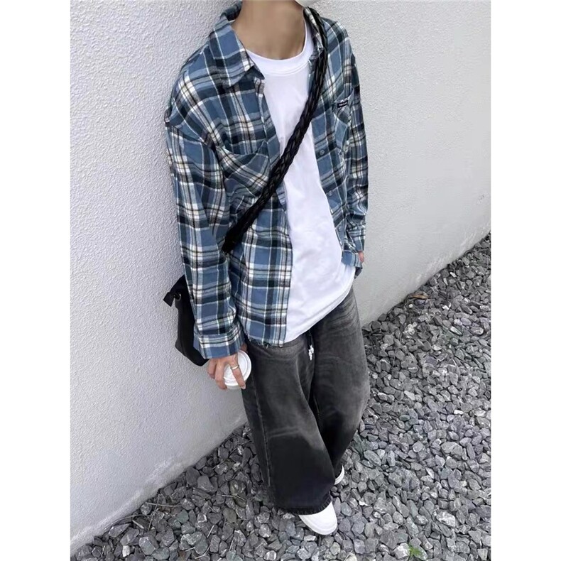 CS301-P35 美式潮牌蓝色长袖格子衬衫男女生宽松百搭复古休闲图片