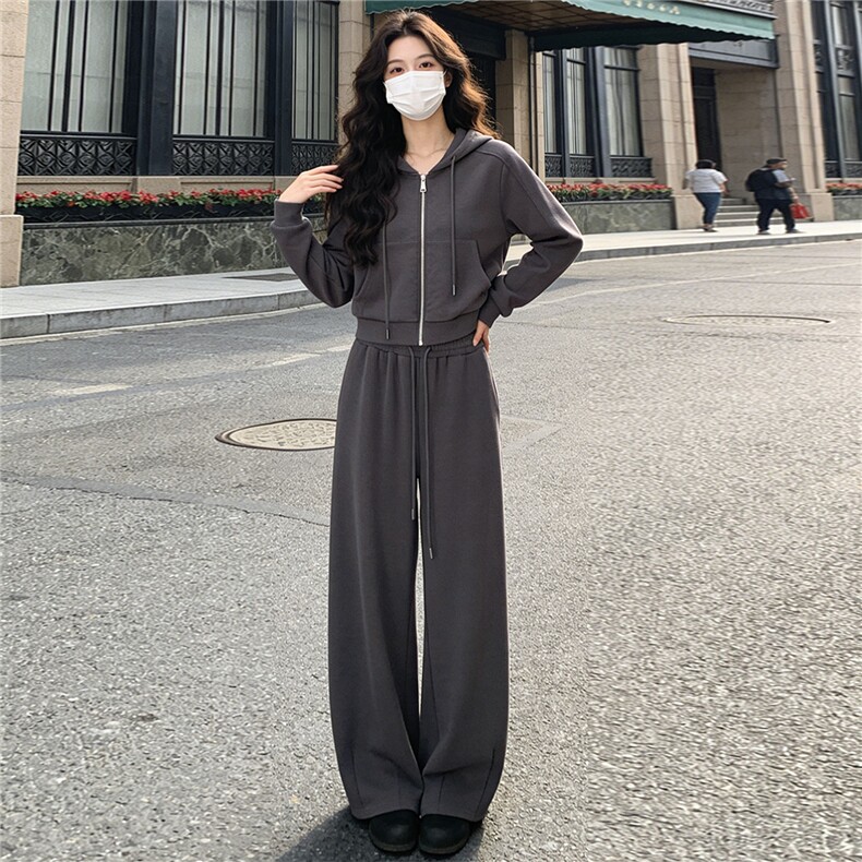 女春款欧货时尚休闲套装灰色连帽开衫上衣宽松软糯阔腿长裤两件套,女装套装/套裙,江南
