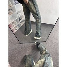 【有货】DT69-P50美式复古做旧水洗黄微喇叭牛仔裤男宽松直筒裤，男装牛仔裤，星座603-2