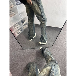 【有货】DT69-P50美式复古做旧水洗黄微喇叭牛仔裤男宽松直筒裤图片