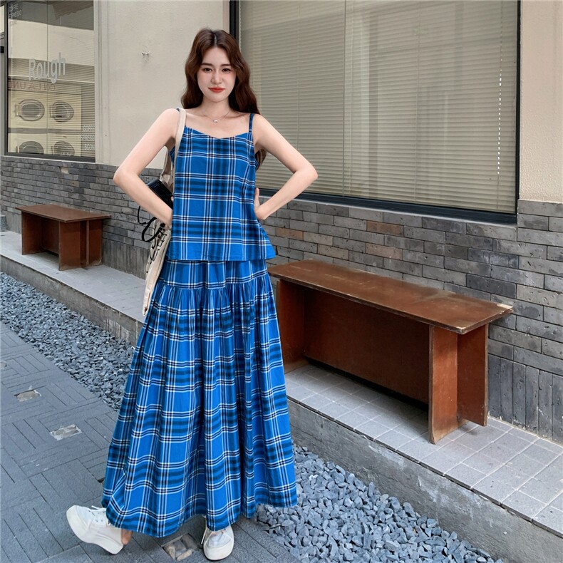 【新款】蓝色格纹吊带+半身裙套装2D145-Y2514-P165-控248,女装套装/套裙,2D145