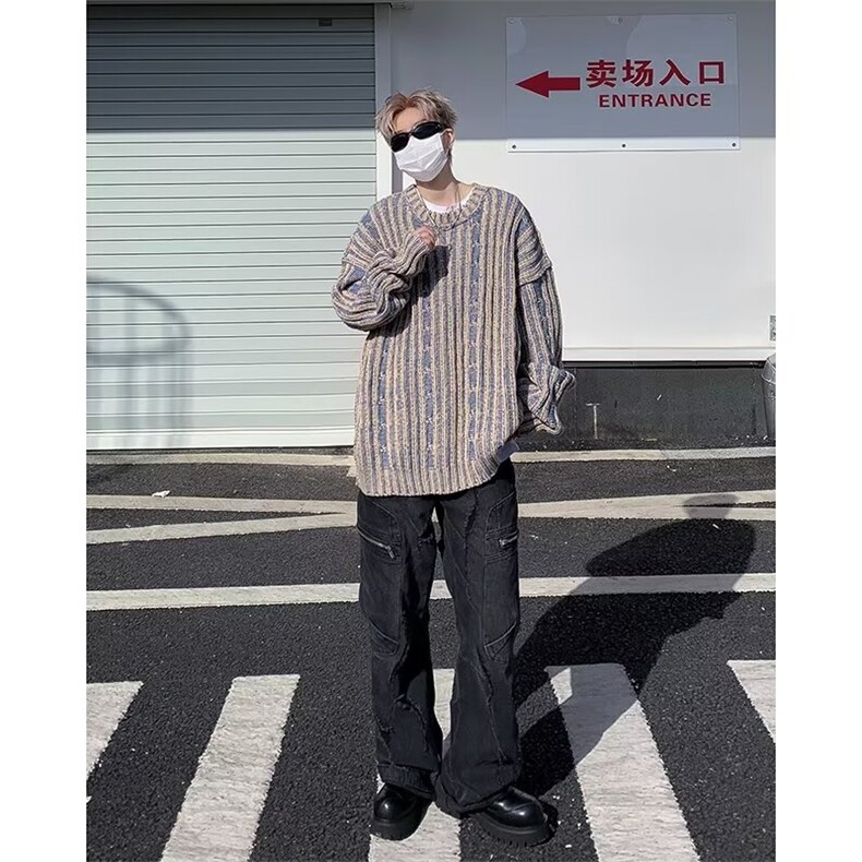 冬季复古拼色竖条纹圆领针织衫男女潮牌宽松情侣加厚毛衣,男装针织衫/毛衣,星座716-3