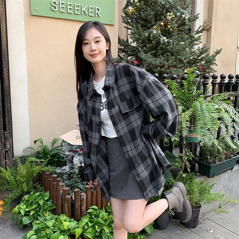 特批P32无差价2025春港风复古格子中性风长袖衬衫宽松衬衣男C5454图片