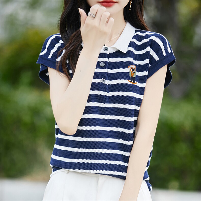 条纹短袖T恤女2025新款特大码女装夏季POLO领宽松薄款冰丝针织衫,针织衫/毛衣,斯美雅安迪绒