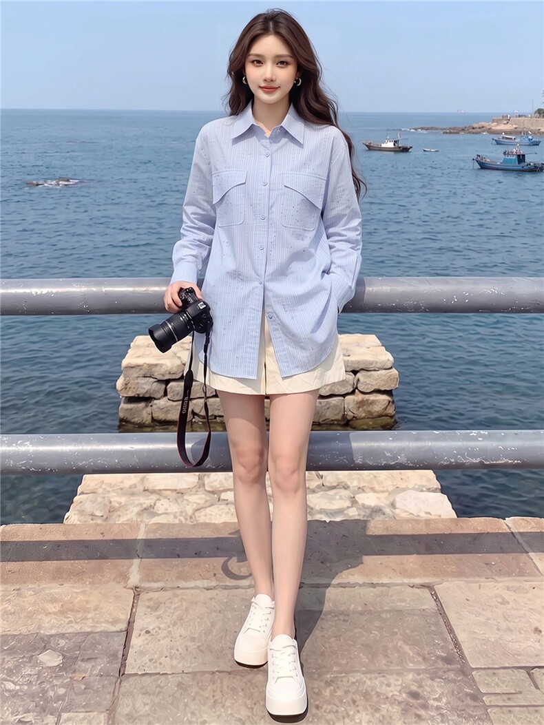 女款春秋新款设计感纯色翻领百搭单排扣宽松时尚简约小个子衬衣潮,女装衬衫,江南