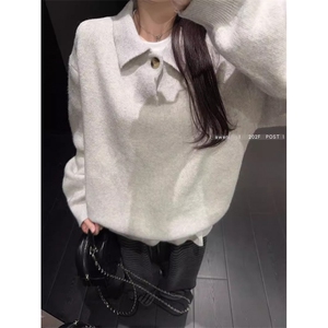 灰色polo领长袖针织衫毛衣女秋冬季宽松内搭打底衫上衣MG15