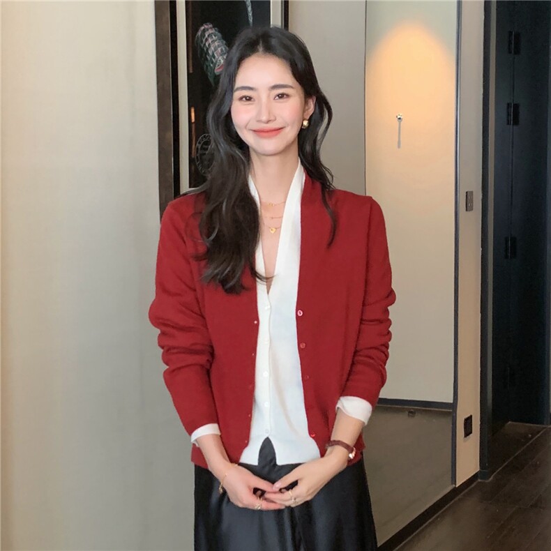 2025秋冬百搭时尚假两件开衫拼色舒适,女装羊绒衫,玛卡隆羊绒
