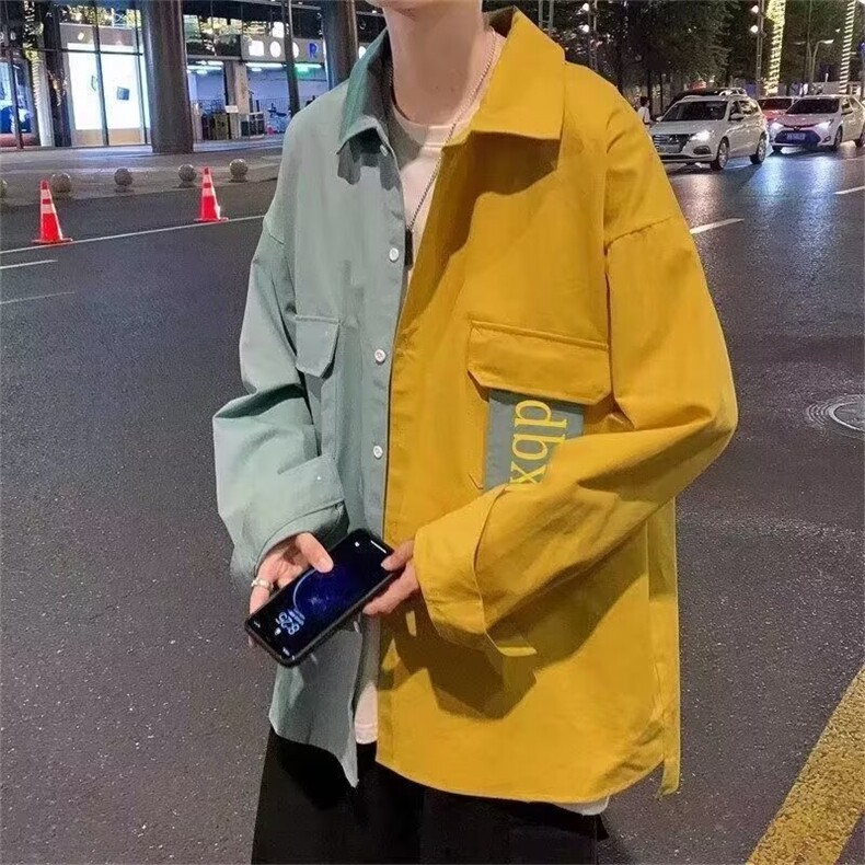 拼接撞色长袖衬衫男设计感小众痞帅衬衣外套夏季潮牌百搭工装寸衫,男装衬衫,星座1210-1