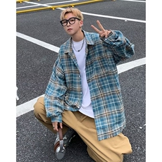 美式复古毛边蓝色格子衬衫男高级感春秋潮牌格纹衬衣C33-2/P42，男装衬衫，星座506