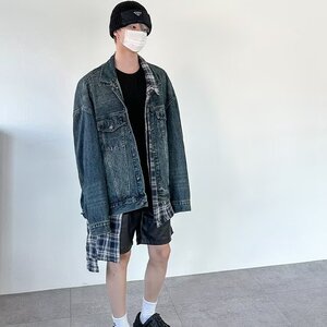 假两件拼接格子牛仔夹克外套男图片