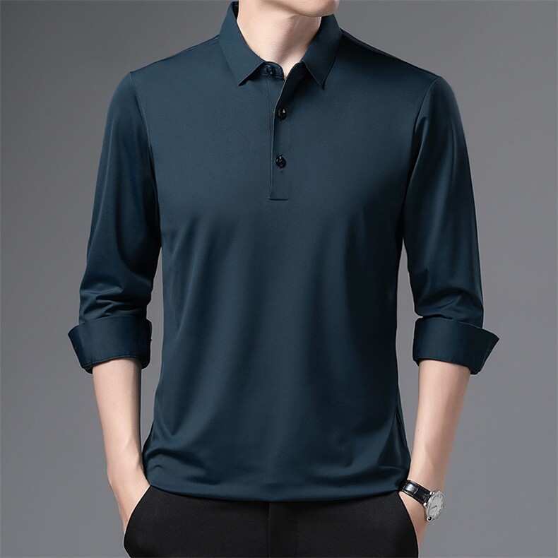 中老年冰丝无痕T恤男士长袖中年爸爸秋装上衣衬衫扣袖体恤POLO衫，男装T恤，电商B212（原钱塘6029）