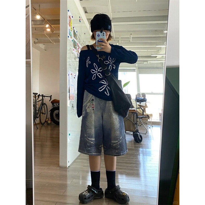 DKN47LL-P60美式复古贴画印花牛仔短裤男宽松直筒七分裤,男装牛仔裤,星座1007（原301D）