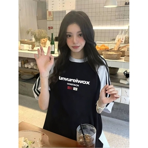 抖音得物品质二开240克宽松纯棉美式潮牌插肩三杠织带短袖T恤图片