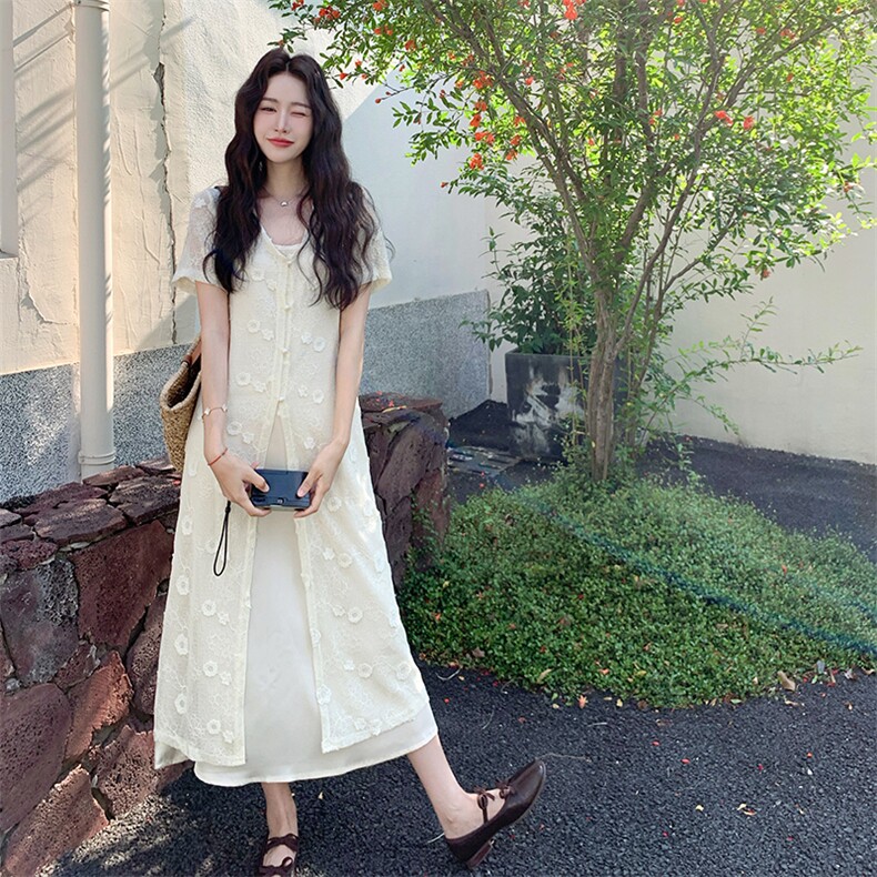 米白色吊带连衣裙套装女2025夏季新款法式气质蕾丝罩衫长裙两件套,女装套装/套裙,2C269