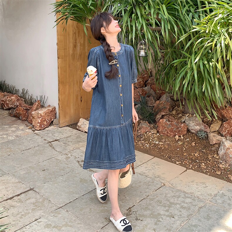 复古宽松薄款夏天牛仔裙连衣裙2025新款女减龄休闲大码中长裙子潮,女装连衣裙,钱塘布衣
