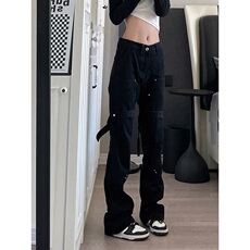 美式复古微喇牛仔裤女设计感绑带纽扣直筒休闲长裤潮KS35，男装牛仔裤，星座1116A（原606A-3）