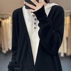 2023春季女装新款连帽假两件纯羊毛针织衫休闲韩版毛衣薄款上衣，女装羊毛衫，绒汀羊绒