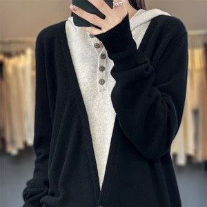 2023春季女装新款连帽假两件纯羊毛针织衫休闲韩版毛衣薄款上衣