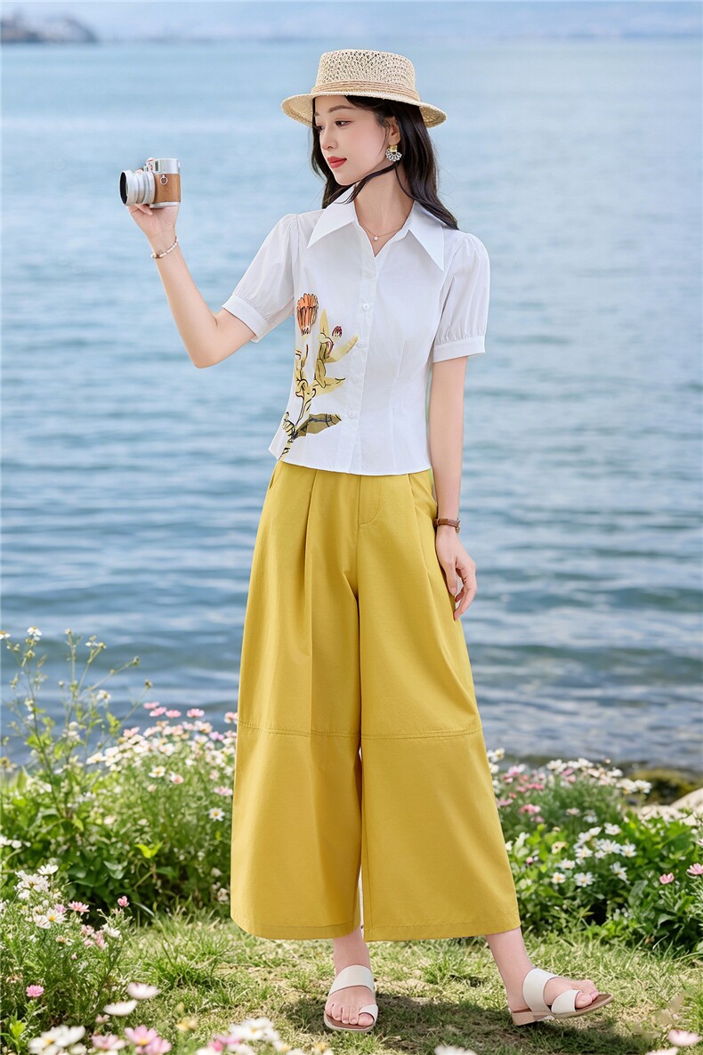 轻熟风时尚小翻领衬衫套装女2026夏气质印花上衣休闲裤两件套,女装套装/套裙,水衣源