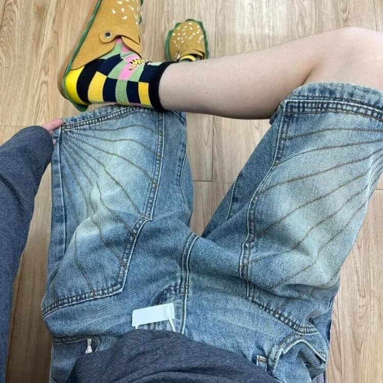 大码美式复古水洗做旧设计感牛仔短裤女高街直筒宽松阔腿五分裤潮,男装牛仔裤,星座601-1