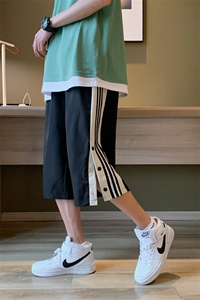 K3038/P30夏季港风7分裤中裤男短裤宽松大码排扣开衩七分裤男控48图片
